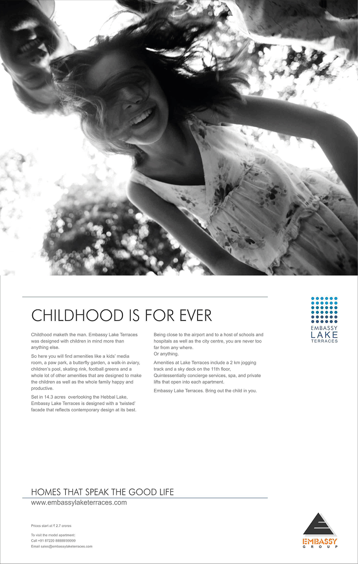 Embassy Lake Terraces Print advertisement by Bask Creative — Childhood is for ever
