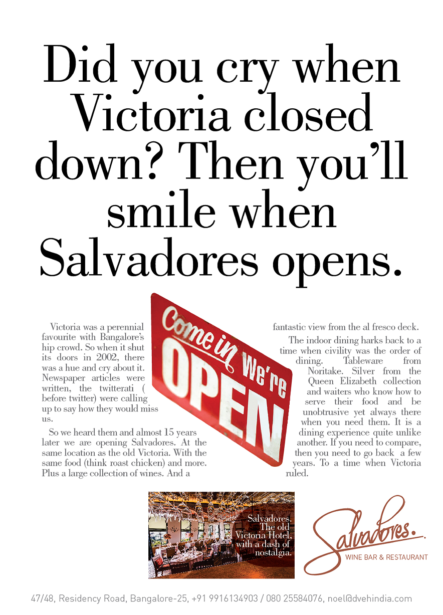 Salvadores advertisement by Bask Creative — Did you cry when Victoria closed down? Then you'll smile when Salvadores opens.