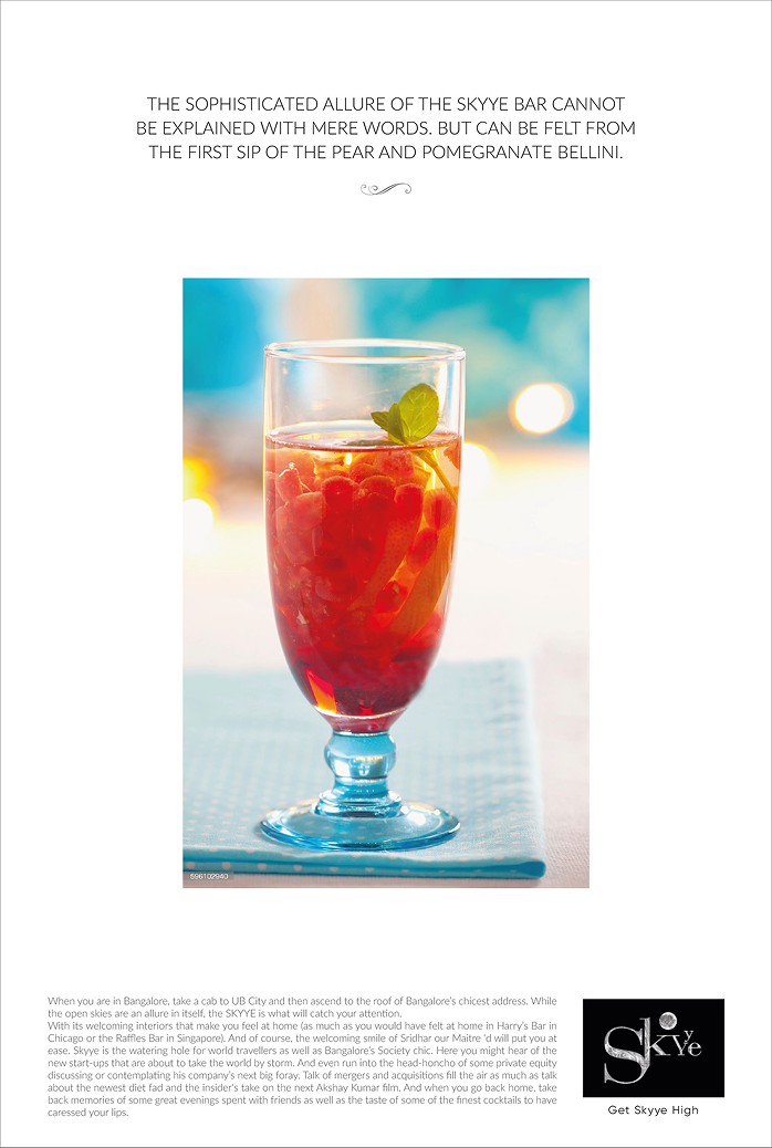 Skyye Print advertisement by Bask Creative — The sophisticated allure of the Skyye bar cannot be explained with mere words. But can be felt from the first sip of the Pear and Pomegranate Bellini.